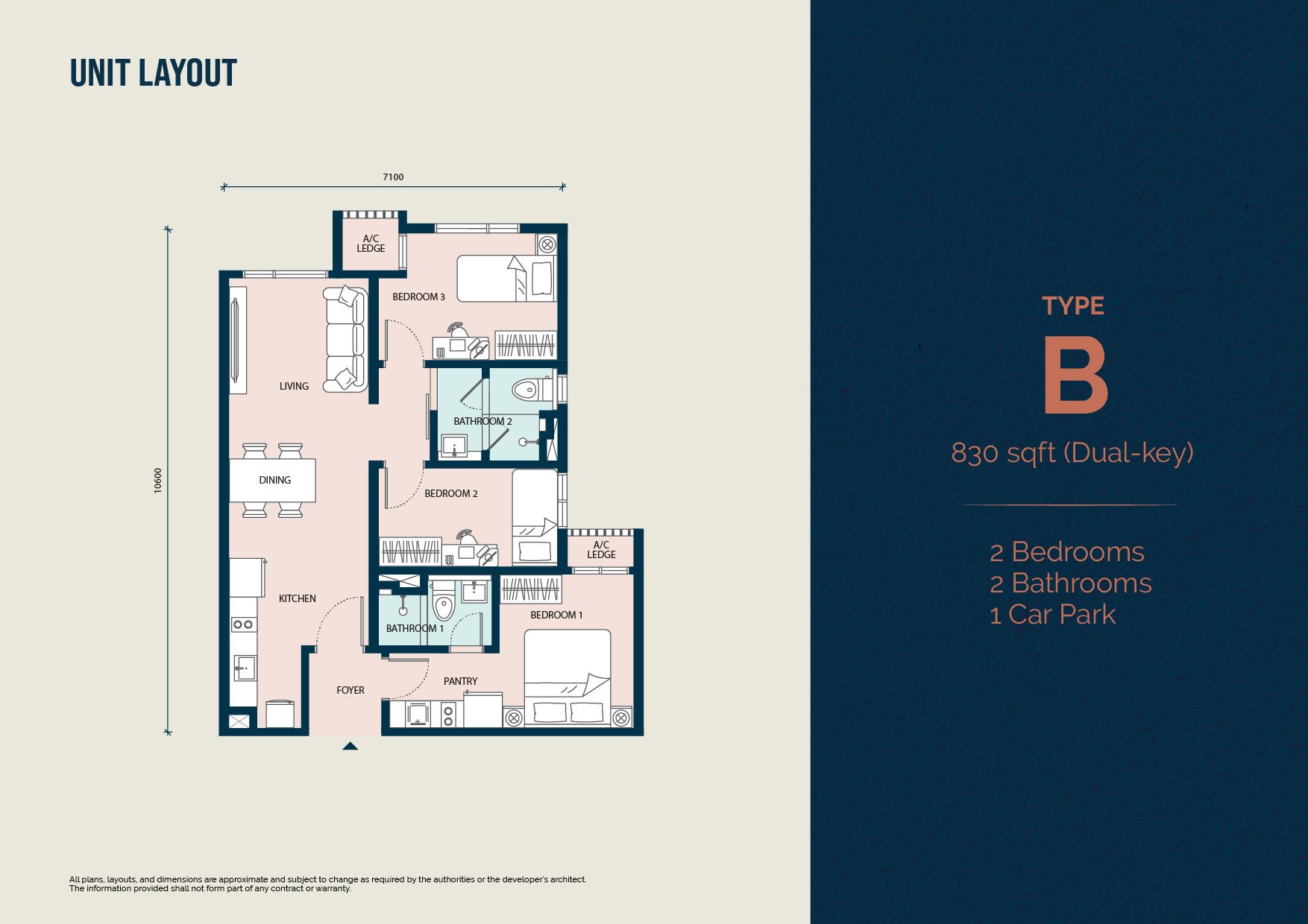 Type B floor plan — 830 sq ft dual-key