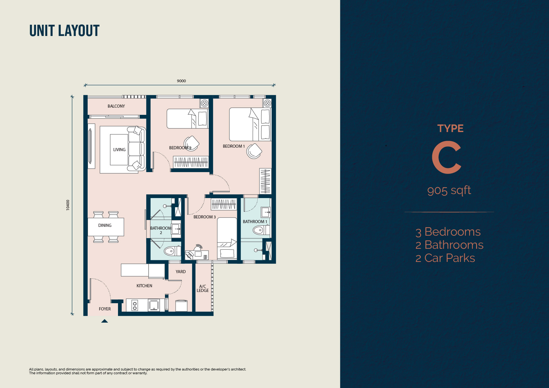 Type C floor plan — 905 sq ft