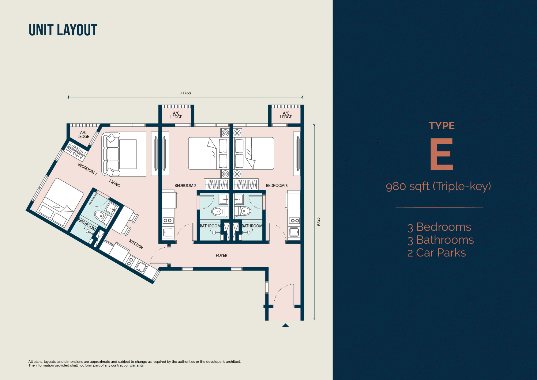 Type E floor plan — 980 sq ft triple-key